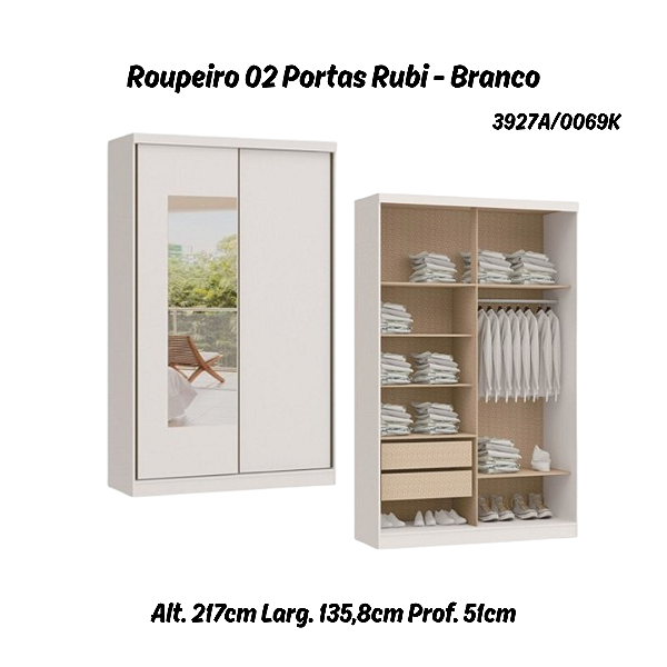 Roupeiro 02 Portas de Correr Rubi c/ Espelho P - 3927A - Branco - Moveis Castro