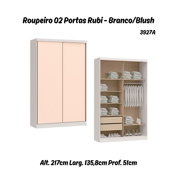 Roupeiro 02 Portas de Correr Rubi - 3927A - Branco/Blush - Moveis Castro