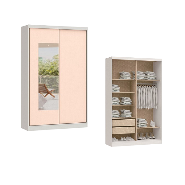 Roupeiro 02 Portas de Correr Rubi c/ Espelho P - 3927A - Branco/Blush - Moveis Castro