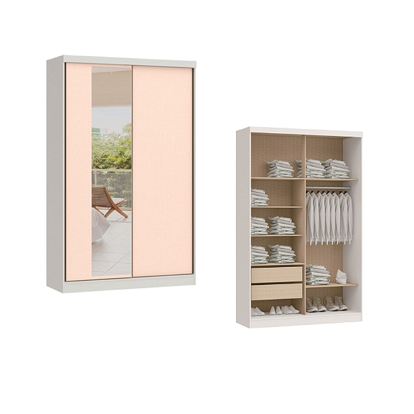 Roupeiro 02 Portas de Correr Rubi c/ Espelho G - 3927A - Branco/Blush - Moveis Castro