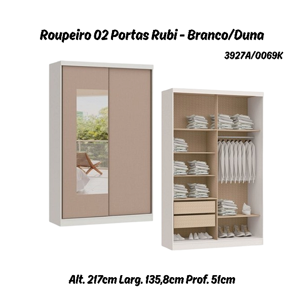 Roupeiro 02 Portas de Correr Rubi c/ Espelho P - 3927A - Branco/Duna - Moveis Castro