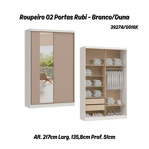 Roupeiro 02 Portas de Correr Rubi c/ Espelho G - 3927A - Branco/Duna - Moveis Castro