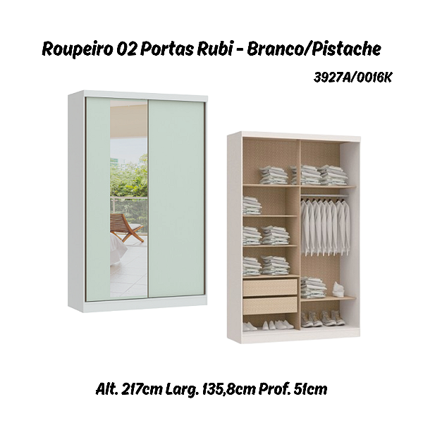 Roupeiro 02 Portas de Correr Rubi c/ Espelho G - 3927A - Branco/Pistache - Moveis Castro
