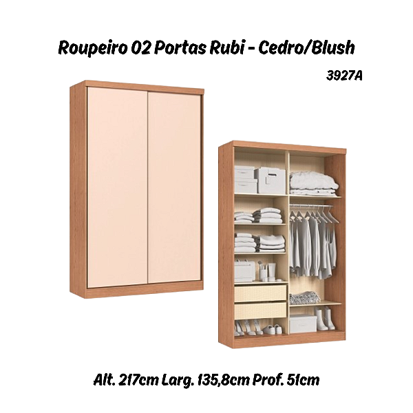 Roupeiro 02 Portas de Correr Rubi - 3927A - Cedro/Blush - Moveis Castro