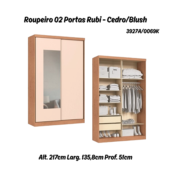 Roupeiro 02 Portas de Correr Rubi c/ Espelho P - 3927A - Cedro/Blush - Moveis Castro
