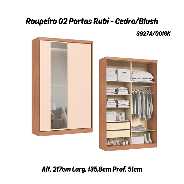 Roupeiro 02 Portas de Correr Rubi c/ Espelho G - 3927A - Cedro/Blush - Moveis Castro