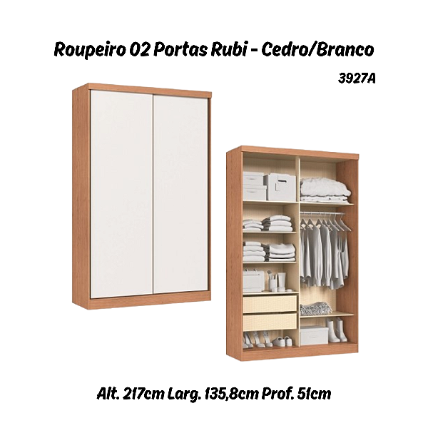 Roupeiro 02 Portas de Correr Rubi - 3927A - Cedro/Branco - Moveis Castro
