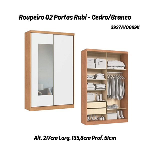 Roupeiro 02 Portas de Correr Rubi c/ Espelho P - 3927A - Cedro/Branco - Moveis Castro