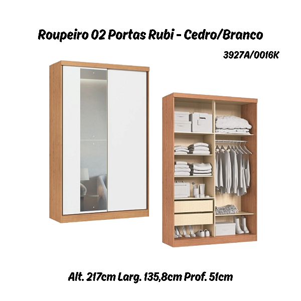 Roupeiro 02 Portas de Correr Rubi c/ Espelho G - 3927A - Cedro/Branco - Moveis Castro