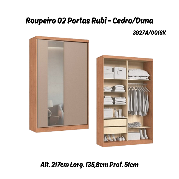 Roupeiro 02 Portas de Correr Rubi c/ Espelho G - 3927A - Cedro/Duna - Moveis Castro