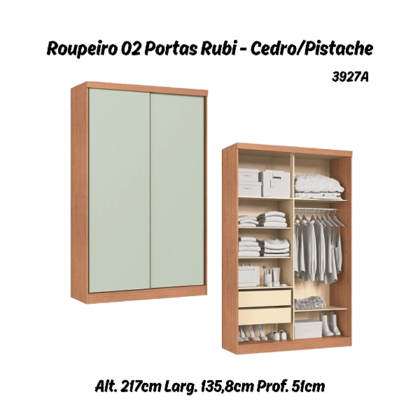 Roupeiro 02 Portas de Correr Rubi - 3927A - Cedro/Pistache - Moveis Castro