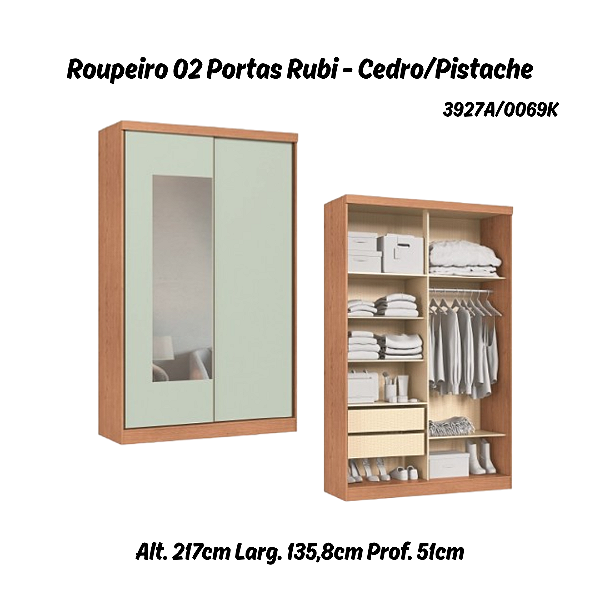 Roupeiro 02 Portas de Correr Rubi c/ Espelho P - 3927A - Cedro/Pistache - Moveis Castro