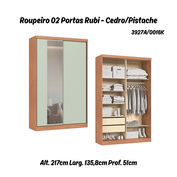 Roupeiro 02 Portas de Correr Rubi c/ Espelho G - 3927A - Cedro/Pistache - Moveis Castro
