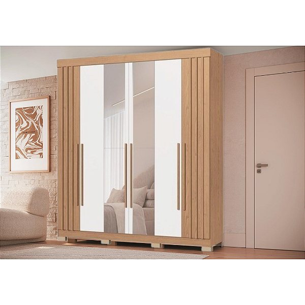 Roupeiro 06 Portas Verona com Espelho - 3220A - Angelin/Branco - Moveis Castro