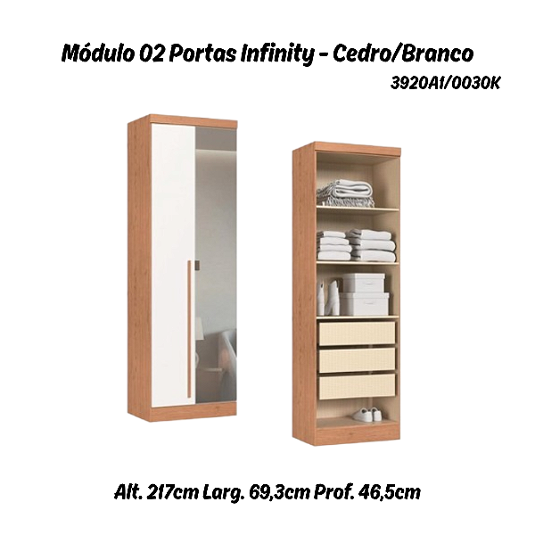 Módulo 02 Portas com Espelho Infinity - 3920A1 - Cedro/Branco - Móveis Castro