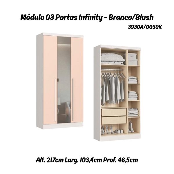 Módulo 03 Portas com Espelho Infinity - 3930A - Branco/Blush - Móveis Castro