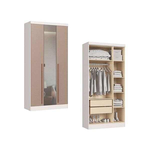 Módulo 03 Portas com Espelho Infinity - 3930A - Branco/Duna - Móveis Castro