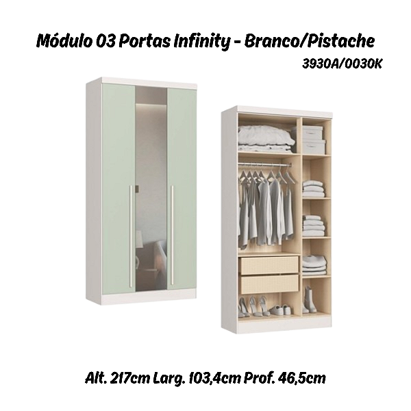 Módulo 03 Portas com Espelho Infinity - 3930A - Branco/Pistache - Móveis Castro