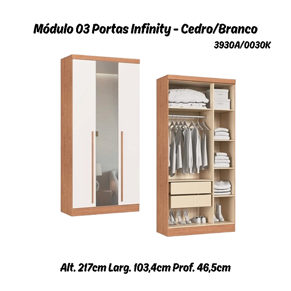 Módulo 03 Portas com Espelho Infinity - 3930A - Cedro/Branco - Móveis Castro