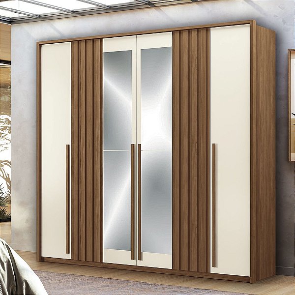 Roupeiro 06 Portas com Espelho Coimbra - 165243E - Jatoba/Areia - Santos Andira