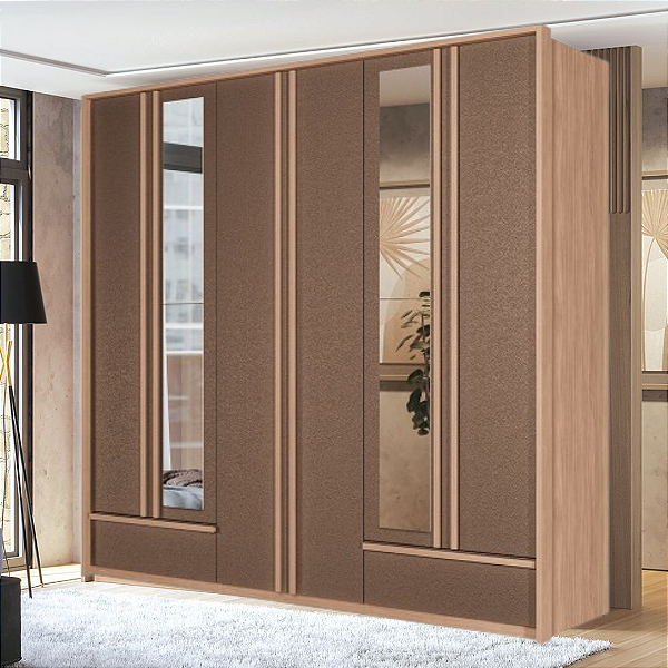 Roupeiro 06 Portas com Espelho Torino - 163112E - Wood/Terracota - Santos Andira