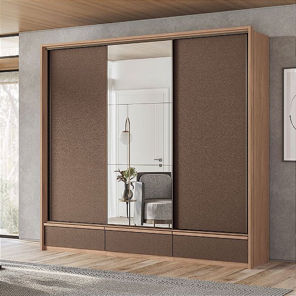 Roupeiro 03 Portas com Espelho Milan - 163612 - Wood/Terracota - Santos Andira