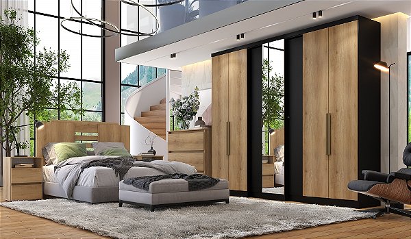 Roupeiro 07 Portas Selecto Glass com Espelho Ref. 5885 - Preto/Capuccino - THB