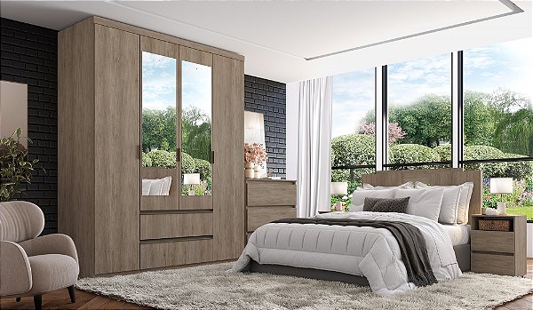 Roupeiro 04 Portas Nobre 100% MDF Slim Glass - Ref. 5868 - Rustic - Thb