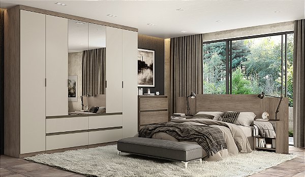 Roupeiro 06 Portas Nobre 100% MDF Glass - Ref. 5896 - Rustic/Off White - Thb
