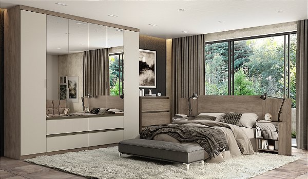 Roupeiro 06 Portas Nobre 100% MDF Full Glass - Ref. 5895 - Rustic/Off White - Thb