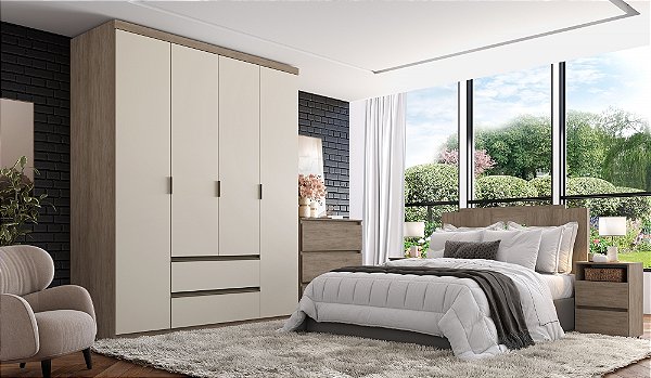 Roupeiro 04 Portas Nobre 100% MDF - Ref. 5900 - Rustic/Off White - Thb