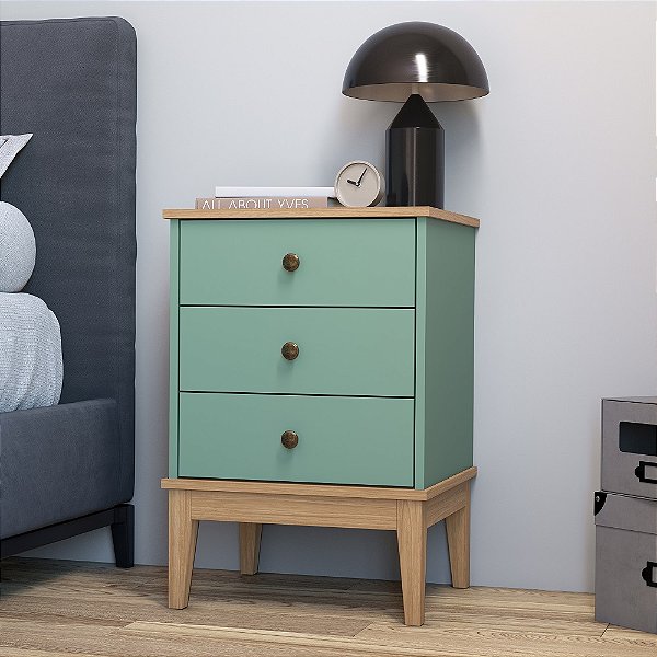 Mesa Cabeceira 03 Gavetas - MB1021 - Mel/Oliva - Movelbento