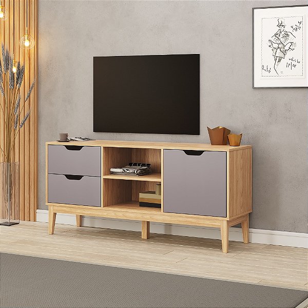 Rack 01 Porta 02 Gavetas - MB1096 - Mel/Cinza - Movelbento