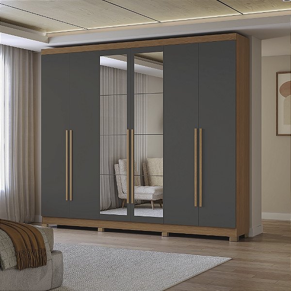 Roupeiro 06 Portas 03 Gavetas c/ Pés e Espelhos - Ref. CB01T580 - Canela/Grafite - Kappesberg