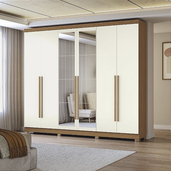 Roupeiro 06 Portas 03 Gavetas c/ Pés e Espelhos - Ref. CB01T580 - Canela/Off White - Kappesberg