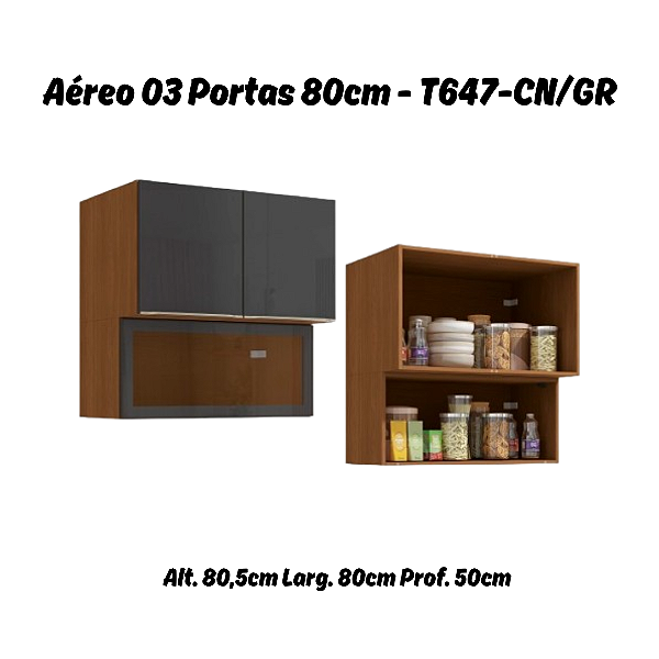 Aéreo 03 Portas 80cm - Ref. T647 - Canela/Grafite - Linha Vibra - Kappesberg