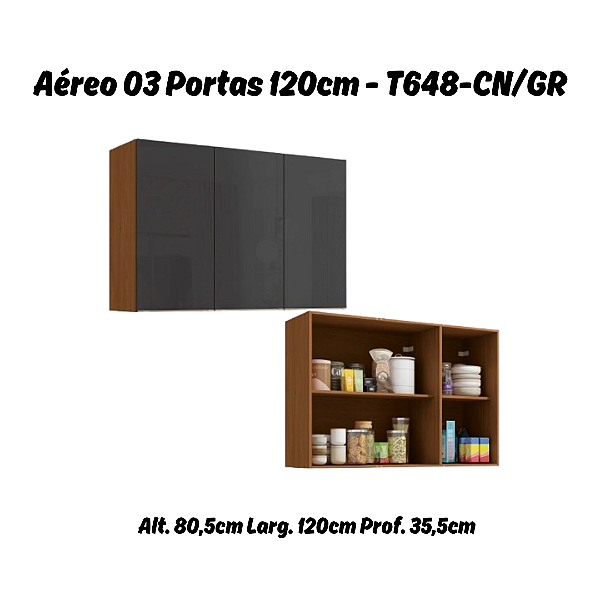 Aéreo 03 Portas 120cm - Ref. T648 - Canela/Grafite - Linha Vibra - Kappesberg