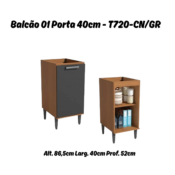 Balcão 01 Porta 40cm - Ref. T720 - Canela/Grafite - Linha Linna - Kappesberg