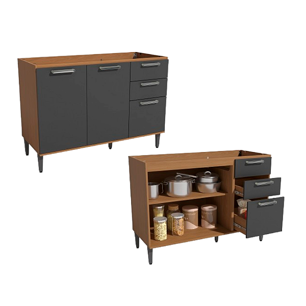 Balcão 02 Portas 03 Gavetas - Ref. T722 - Canela/Grafite - Linha Linna - Kappesberg