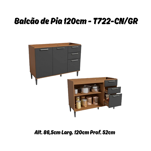 Balcão 02 Portas 03 Gavetas - Ref. T722 - Canela/Grafite - Linha Linna - Kappesberg