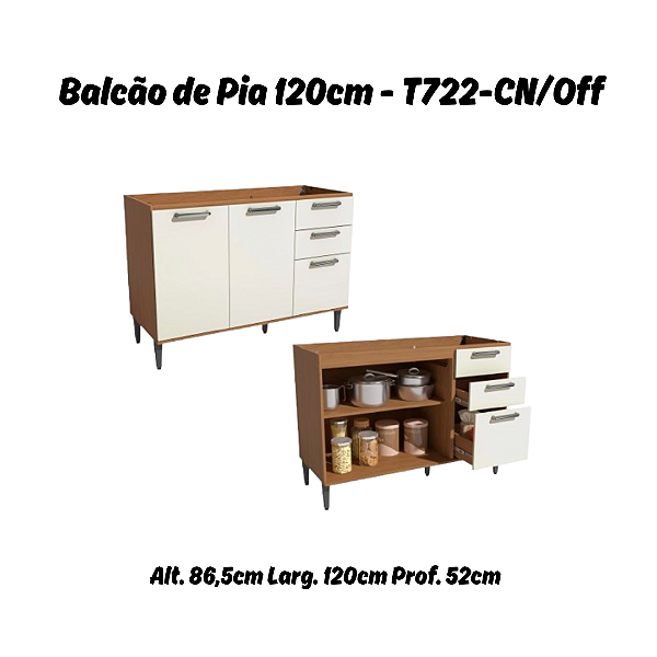 Balcão 02 Portas 03 Gavetas - Ref. T722 - Canela/Off White - Linha Linna - Kappesberg