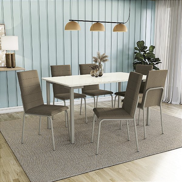 Conjunto de Mesa Santorini 160cm + 06 Cadeiras Amsterdã Nikel Cor Bege - Kappes Crome