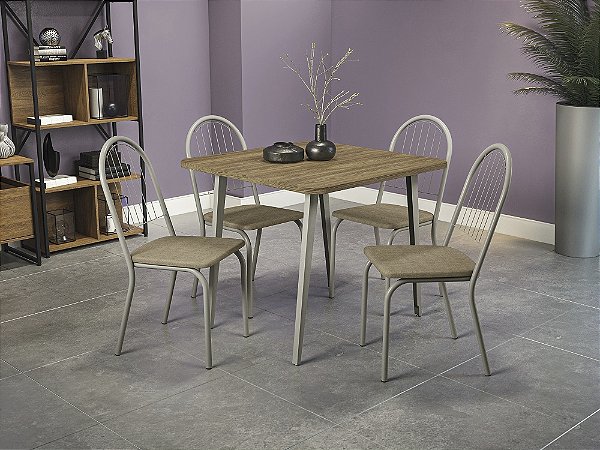 Conjunto de Mesa Iguaçu 90cm + 04 Cadeiras Noruega Nikel Cor Capuccino - Kappes Crome