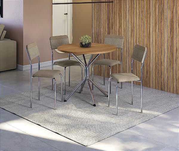 Conjunto de Mesa Creta 90 + 04 Cadeiras Ibiza Cromado Cor Compose Bege - Kappes Crome