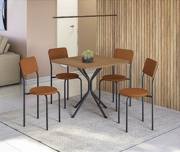 Conjunto de Mesa Creta 90 + 04 Cadeiras Mali Nikel Cor Terracota - Kappes Crome