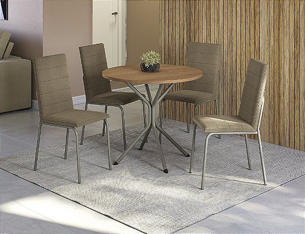 Conjunto de Mesa Creta 90 + 04 Cadeiras Amsterda Nikel Cor Bege - Kappes Crome
