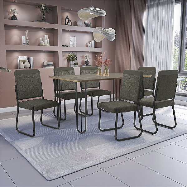 Conjunto de Mesa Constanza 160cm + 06 Cadeiras Sicilia Preto Cor Comp. Chumbo - Kappes Crome