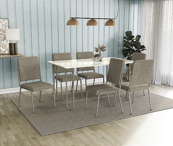 Conjunto de Mesa Constanza 160cm + 06 Cadeiras Genebra Niquel Cor Bege - Kappes Crome