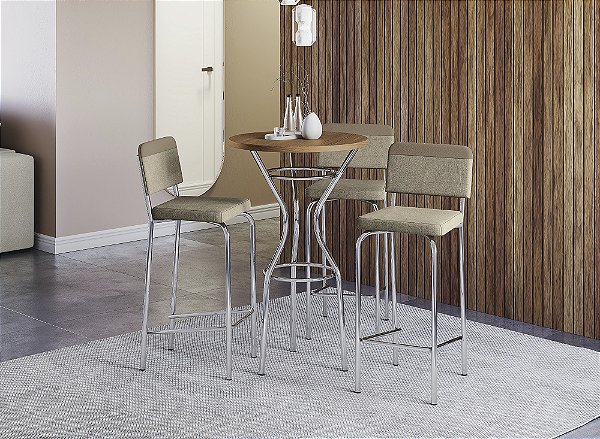 Conjunto de Mesa Bistro 65cm + 03 Banquetas Fiji Cromado Cor Comp. Bege - Kappes Crome