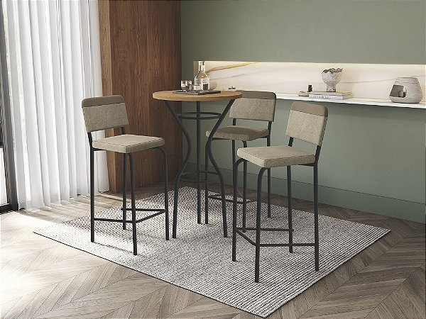 Conjunto de Mesa Bistro 65cm + 03 Banquetas Fiji Preto Cor Comp. Bege - Kappes Crome